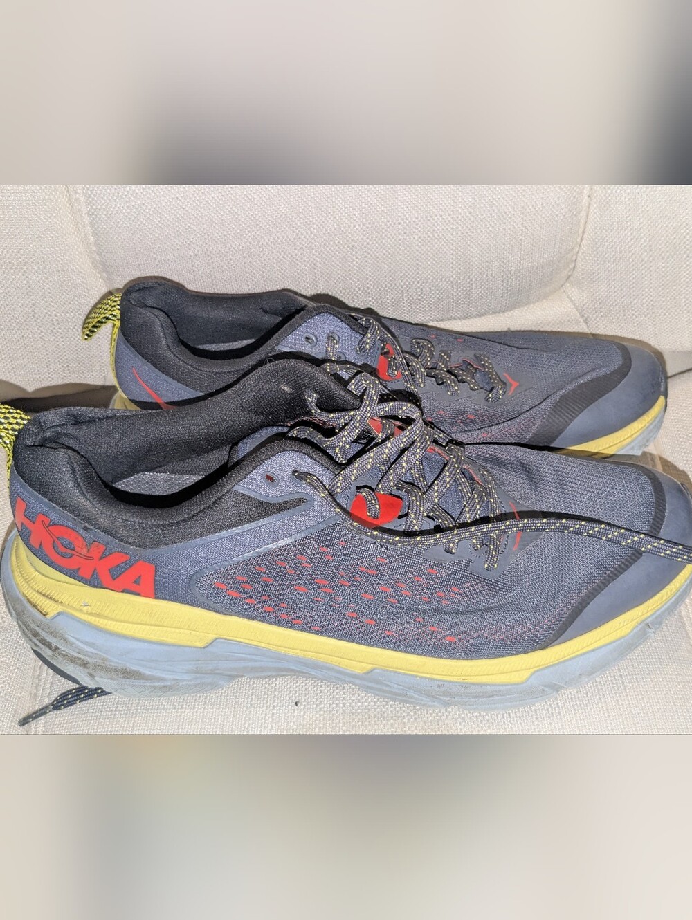 Hoka One Challenge Men's Running Shoes in Navy with Yellow Sole and Red Accents